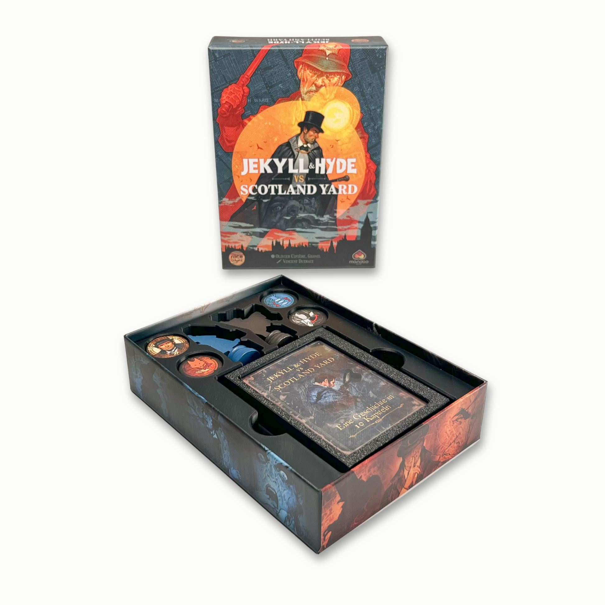 Insert für Jekyll & Hyde vs. Scotland Yard: Kartenbox in Buchoptik, Markerfach, robustes ABS, ordentliche Aufbewahrung.