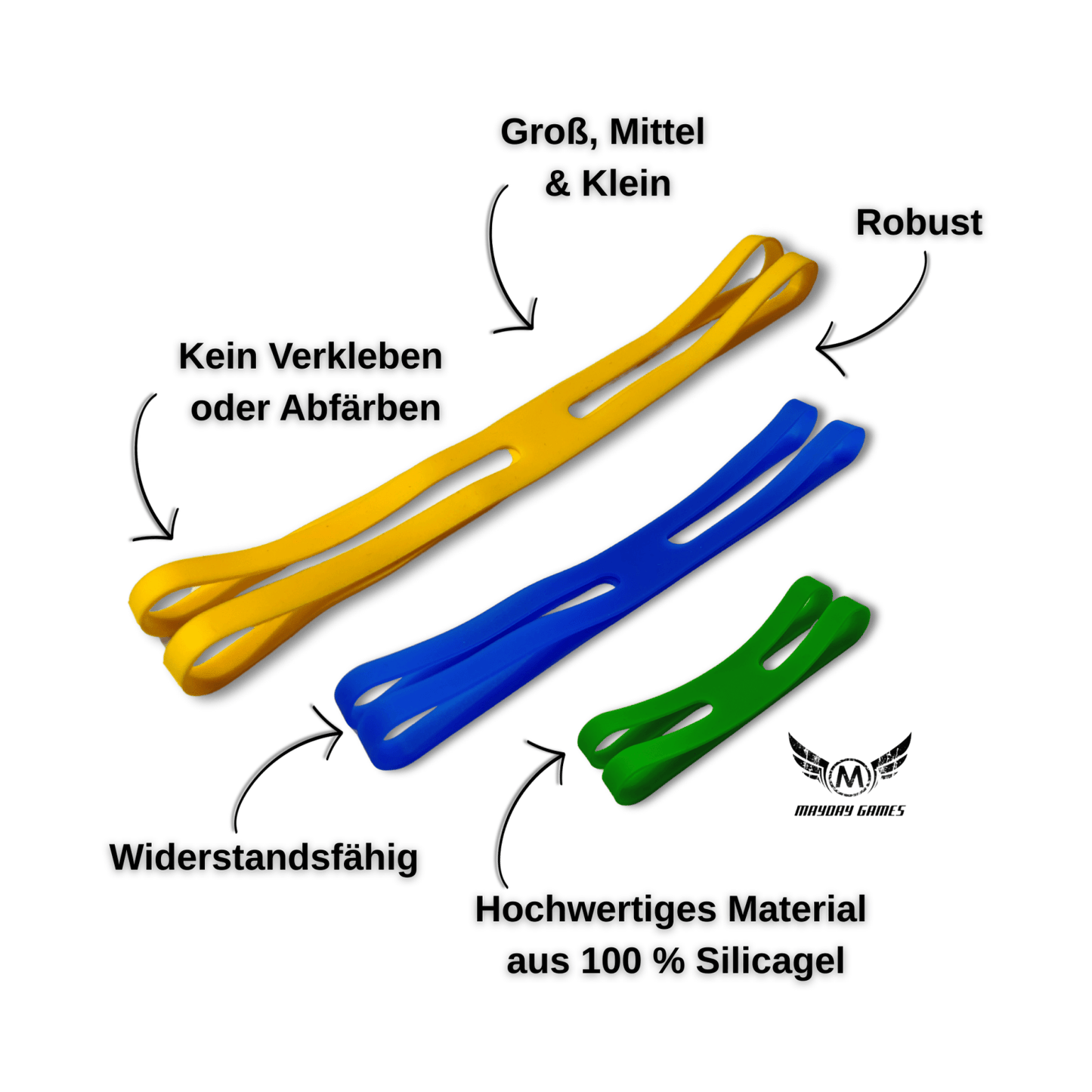 ReDesign Silicagel-Bänder Bundle gelb/blau/grün Large/Medium/Small für Brett- & Kartenspiele, robust & langlebig.