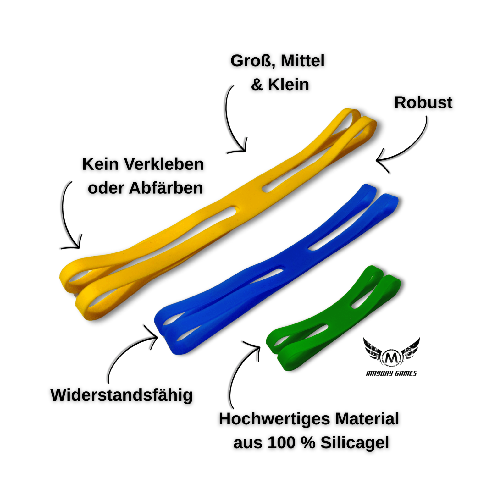 ReDesign Silicagel-Bänder Bundle gelb/blau/grün Large/Medium/Small für Brett- & Kartenspiele, robust & langlebig.
