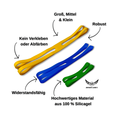 ReDesign Silicagel-Bänder Bundle gelb/blau/grün Large/Medium/Small für Brett- & Kartenspiele, robust & langlebig.