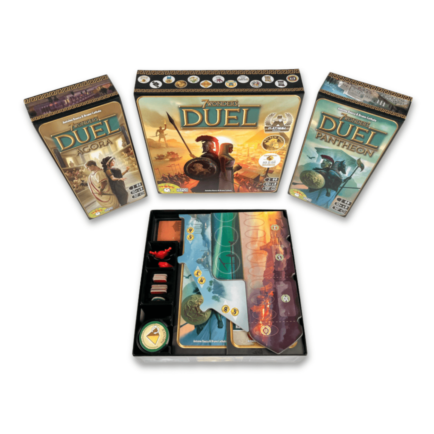 Maßgefertigtes ReDesign Insert für 7 Wonders Duel mit Erweiterungen Pantheon & Agora – organisiert Karten, Tokens und Spielmaterial in der originalen Brettspielbox