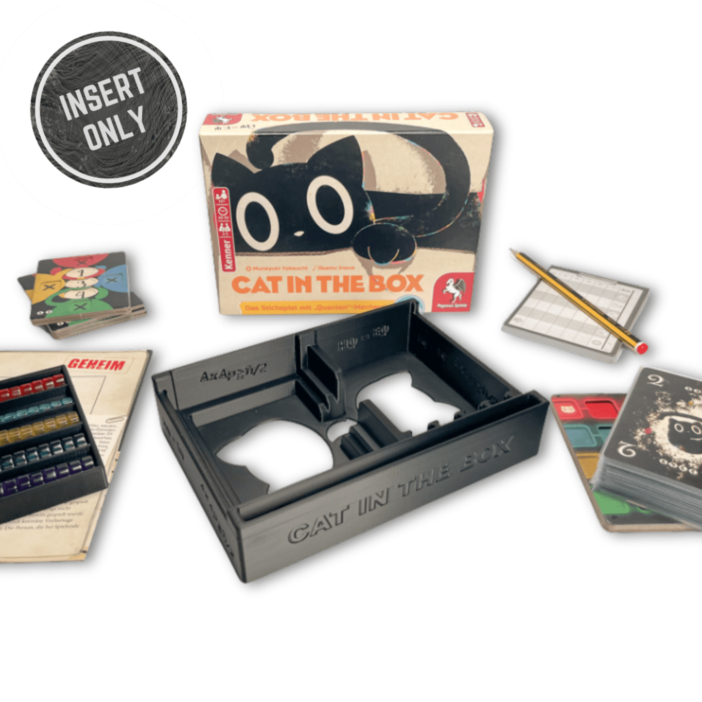 Premium-Insert für Cat in the Box: passgenaue Fächer für Karten, Marker, Token & Stift, robust und ordnungsfreundlich.