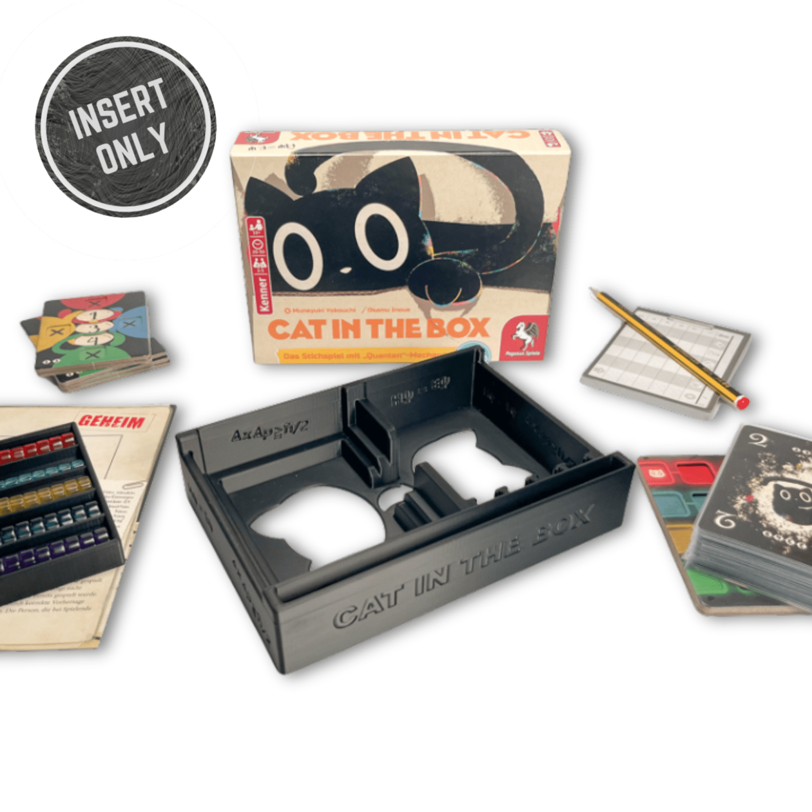 Premium-Insert für Cat in the Box: passgenaue Fächer für Karten, Marker, Token & Stift, robust und ordnungsfreundlich.