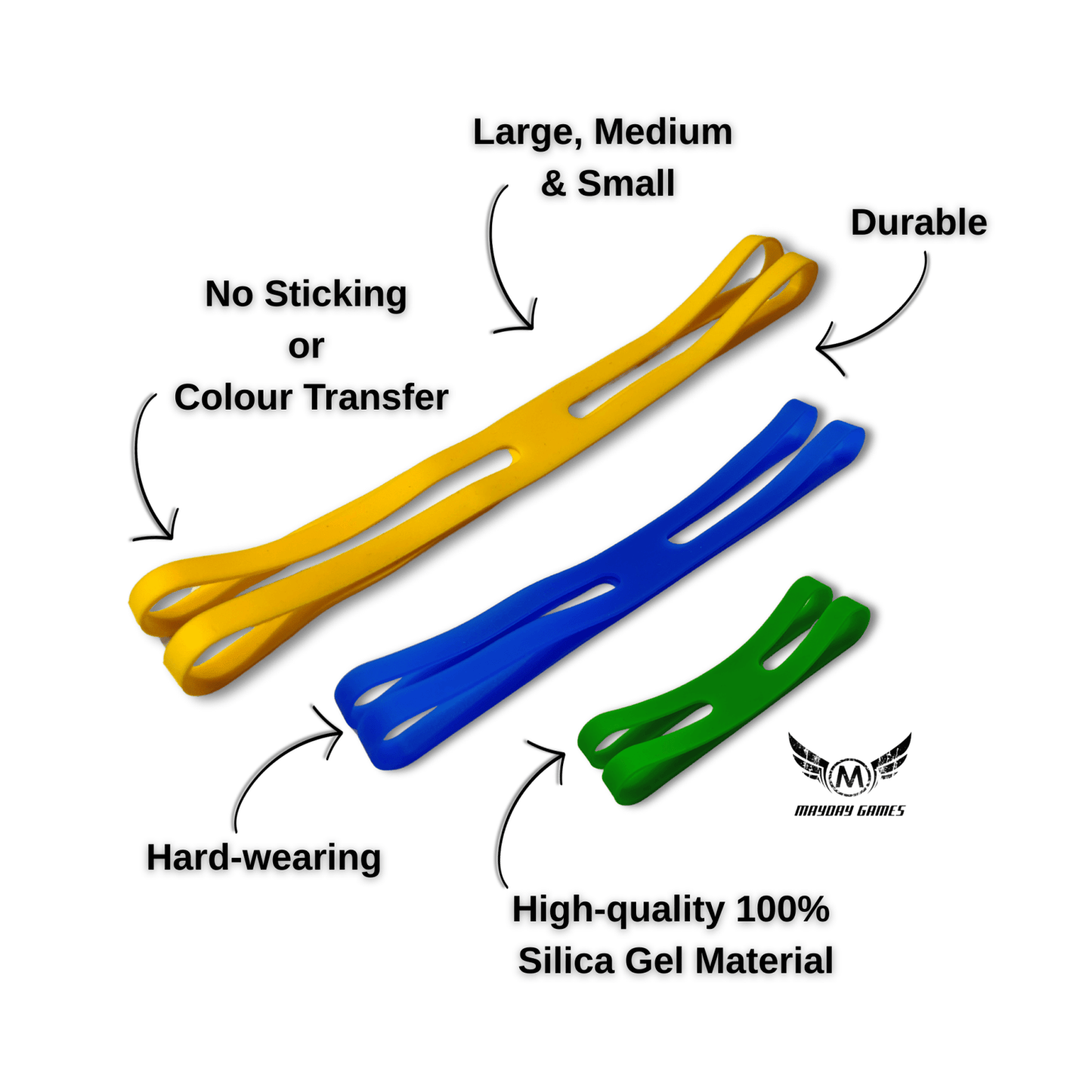 ReDesign Silicagel-Bänder Bundle gelb/blau/grün Large/Medium/Small für Brett- & Kartenspiele, robust & langlebig.