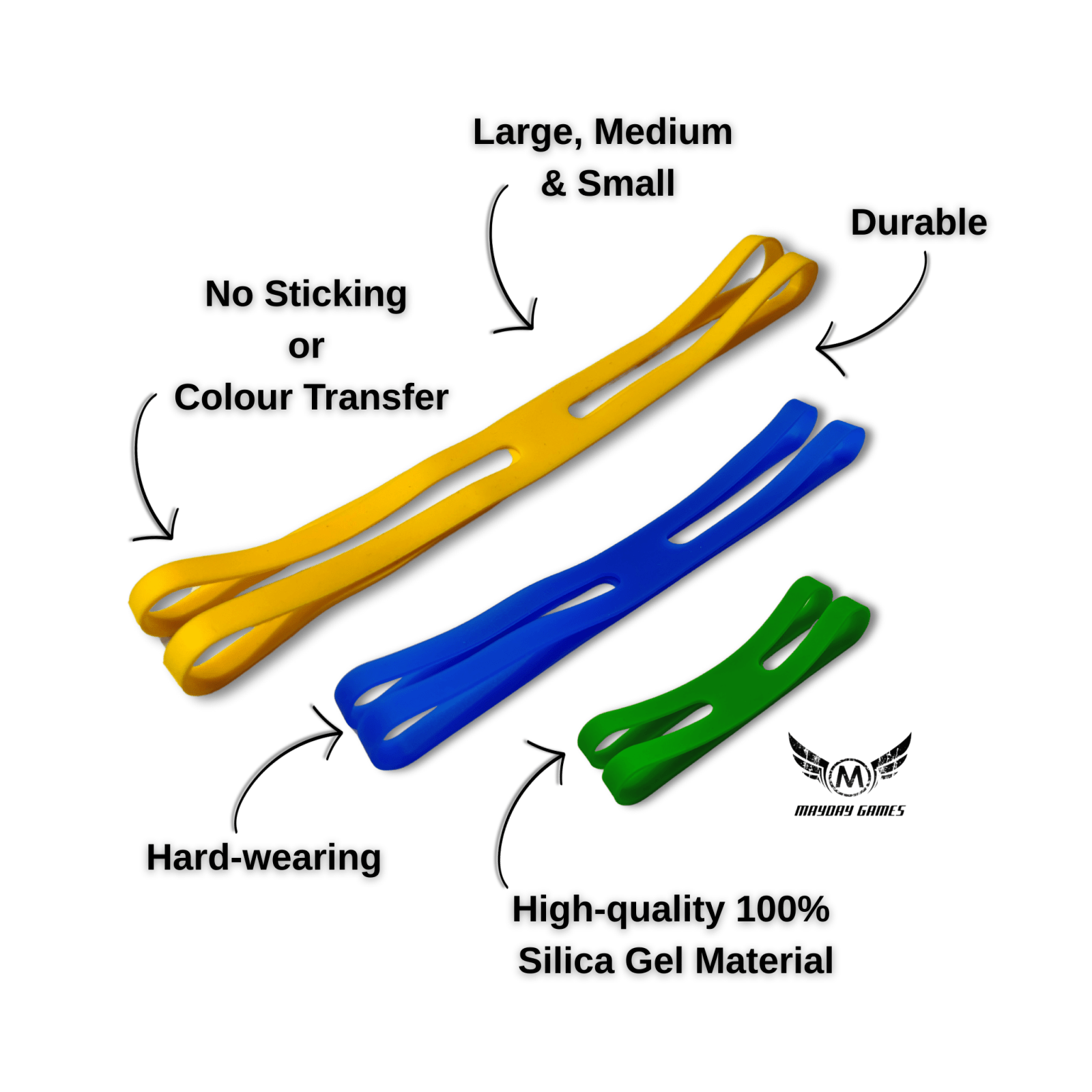 ReDesign Silicagel-Bänder Bundle gelb/blau/grün Large/Medium/Small für Brett- & Kartenspiele, robust & langlebig.