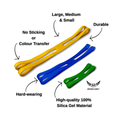ReDesign Silicagel-Bänder Bundle gelb/blau/grün Large/Medium/Small für Brett- & Kartenspiele, robust & langlebig.